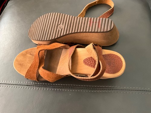 SANITA WOOD LEATHER SANDAL WEDGE SHOE FLEX 37/6.5 BROWN THE ORIGINAL DANISH CLOG - Picture 5 of 9