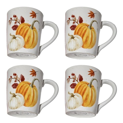 Autumnal Pumpkin Design Farmhouse Ceramic Coffee Mug Set of 4pc 12oz - Picture 9 of 9
