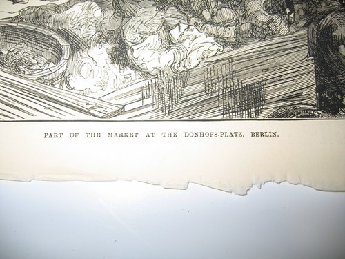 Antique 1874 Market At The Donhofs Platz Berlin Germany Wood Engraved PRINT - Picture 2 of 2