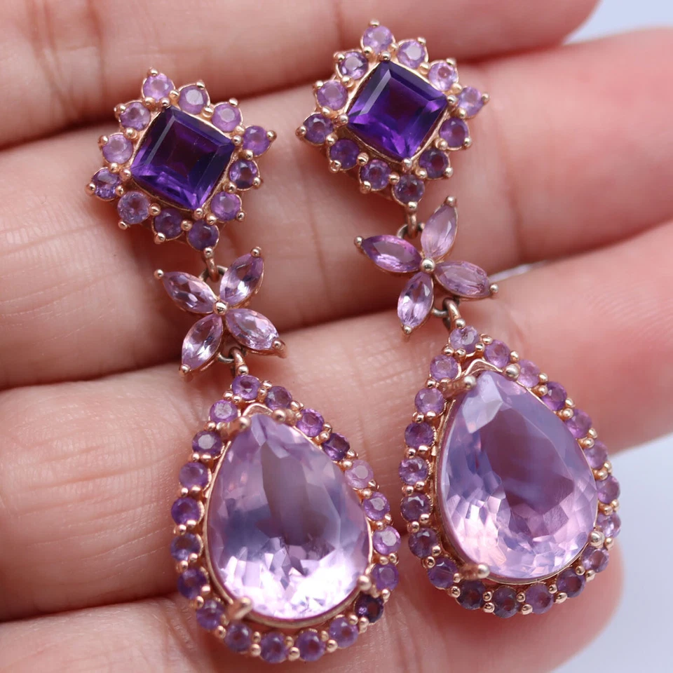 Драгоценный камень 12 x 16 мм. Серьги из стерлингового серебра 925 пробы с лавандовым кварцем и аметистом - Изображение 2 из 4