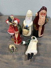 VTG Christmas Figures Lot Hand Painted Canvas Santas  Paper Mache Santa Metal Sa