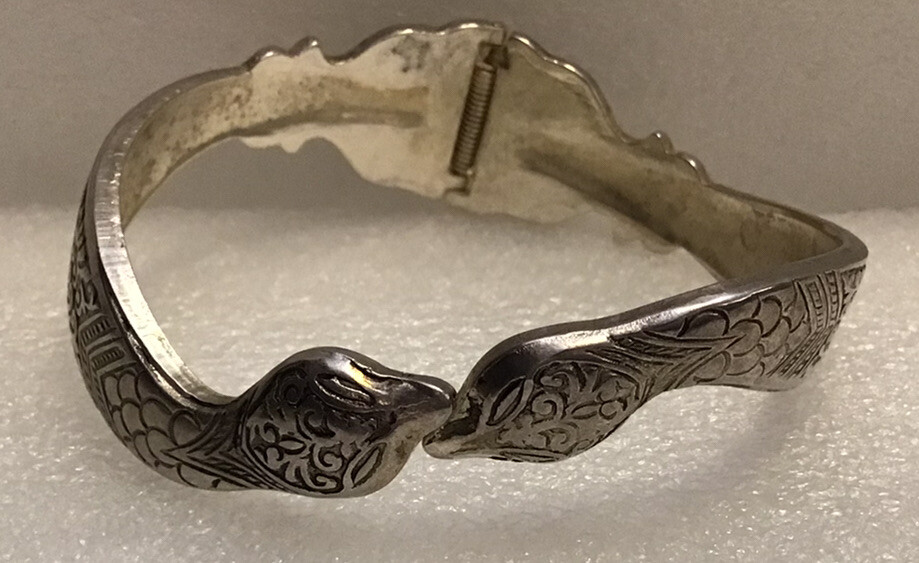 Victorian Double Snake Bracelet Hinged Silver Tone Gem