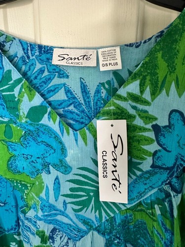 NewSante Classics O/S Plus Womens Blue Floral Tropical Print Tunic Dress Cotton - Picture 2 of 6