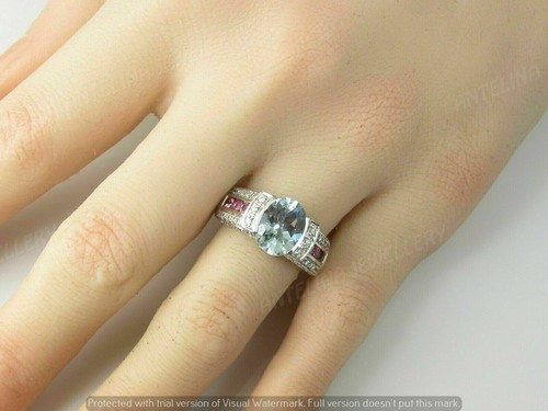 2 Ct Oval Cut Aquamarine Red Ruby Engagement Ring 925 Silver Gold Plated - Picture 7 of 12