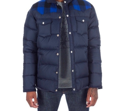 Penfield Rockford Down-Filled Wool Plaid Trim Puffer Coat Navy Blue Men’s XL