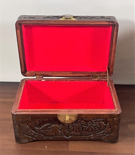 Vintage handgeschnitzte Holz Aufbewahrung Schmuckschatulle Vogel & Blume Klappdeckel roter Samt - Bild 7 von 16
