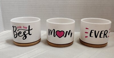 New GiftaGirl Set of 3 ''For the Best Mom Ever'' White/Pink Planters w/wooden tray