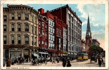 Utica NY 1919 Busy Corner Trolley Horse Drawn Vehicle Church Antique Postcard