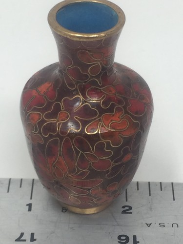 Vaso cinese Cloisonné Borgogna piccola casa bambola 2,5" fiore crisantemo - Foto 8 di 8