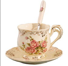 300ml Porcelain Tradition Rose Flower Style Coffee Tea Cup Saucer Spoon Sets