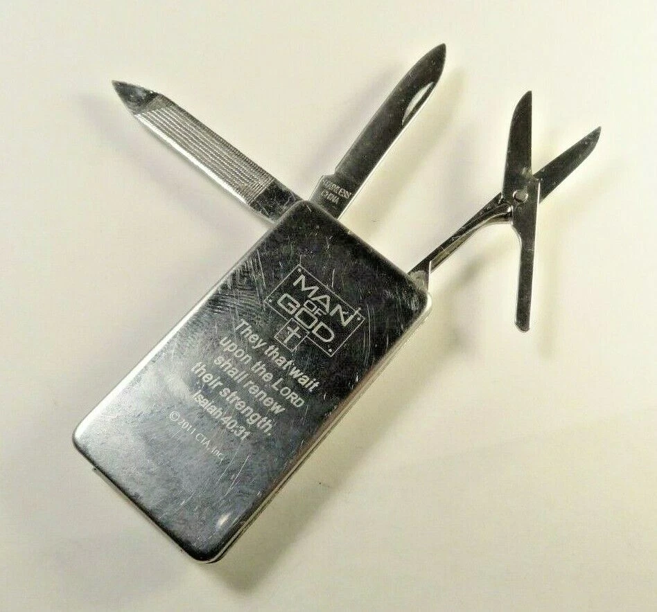 MAN OF GOD MULTI TOOL KNIFE MONEY CLIP SCISSORS BLADE ISAIAH 40:31 SILVER TONE - Изображение 2 из 4