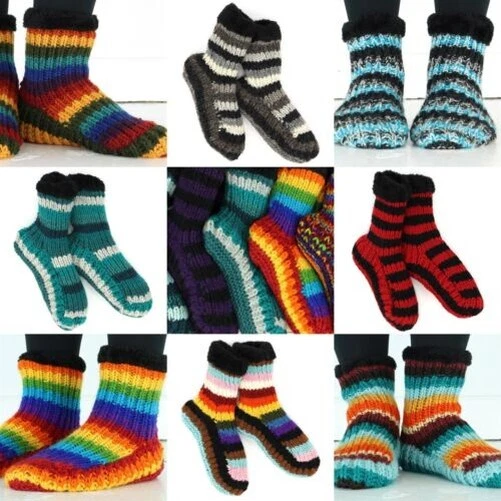 Hand Knitted Wool Slipper Socks Sherpa Lining Handmade Warm UK 3-8 EU 36-42