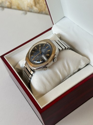 70er Vintage Tell Five Alarm Uhr Automatik Blau Day-Date Swiss Jumbo 40mm - Bild 7 von 24