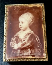 Antique Anton Van Dyck Baby Stuart Print Under Glass Gesso Plaster Wood Frame 6”