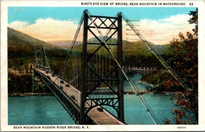 Postcard Birds Eye View Of Bridge Bear Mt In Background Bear Mt Hudson River  