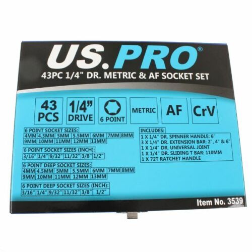 US PRO 43pc 1/4 Drive Metric & AF IMPERIAL Socket Set Shallow Deep Extension UJ - Picture 2 of 11