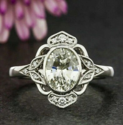 Art Deco 1.30CTW White Oval Cut Simulated Diamond Antique Style 925 Silver Ring