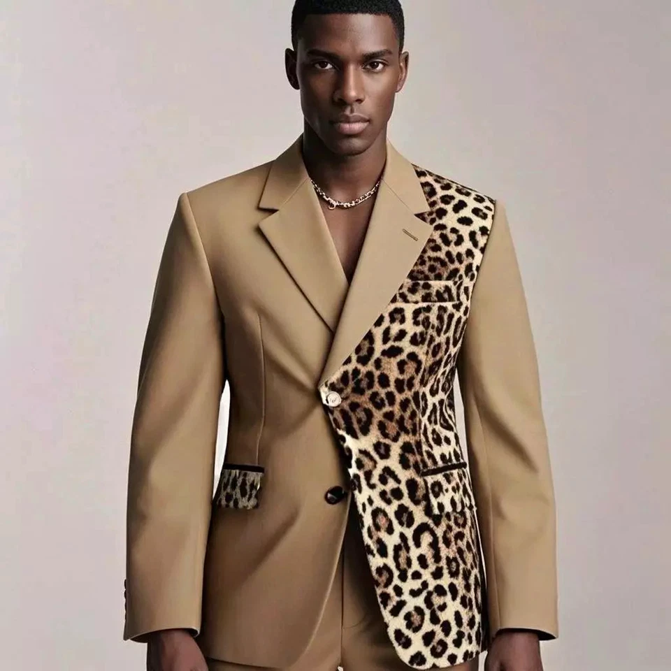 Пэчворк леопард мужской костюм Streetshot свадьбы вечеринки выпускного вечера Activewear Slim Fit - Изображение 2 из 4