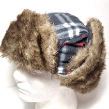 Trapper Hat Faux Fur Winter Weather Unisex One Size Grey Red Plaid w Ear Flaps
