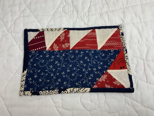 Vintage Patchwork Quilt Table Topper, Triangles, Early Calicos, Blue, Red - Picture 4 of 9