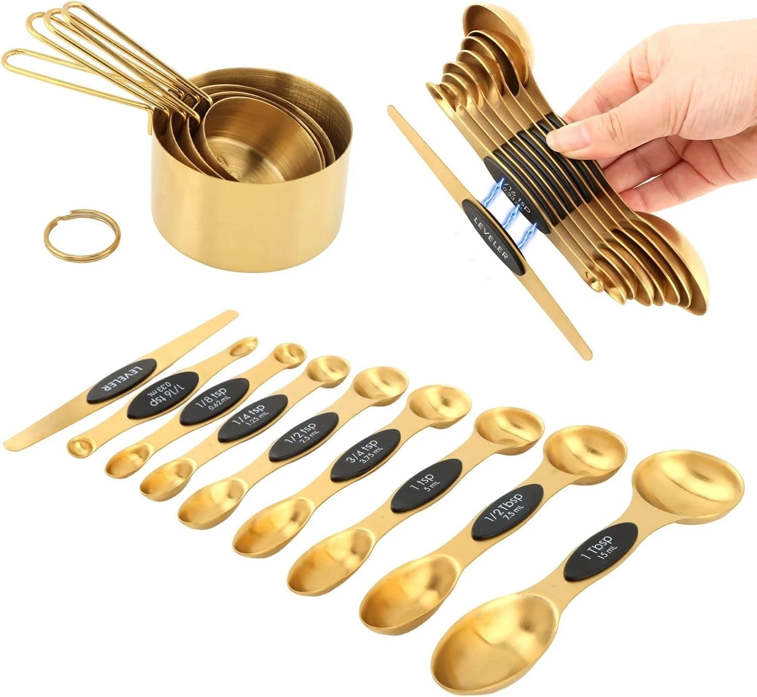 13pcs Gold Stainless Steel Measuring Cups & Spoons Set 8 Double-Sided Magnetic