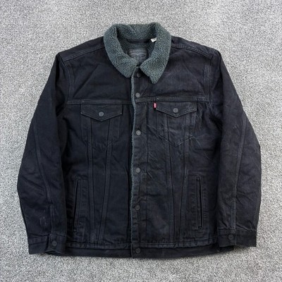 Levi's Sherpa Lined Trucker Jacket Mens 2XL Black Dark Wash Denim Button Down