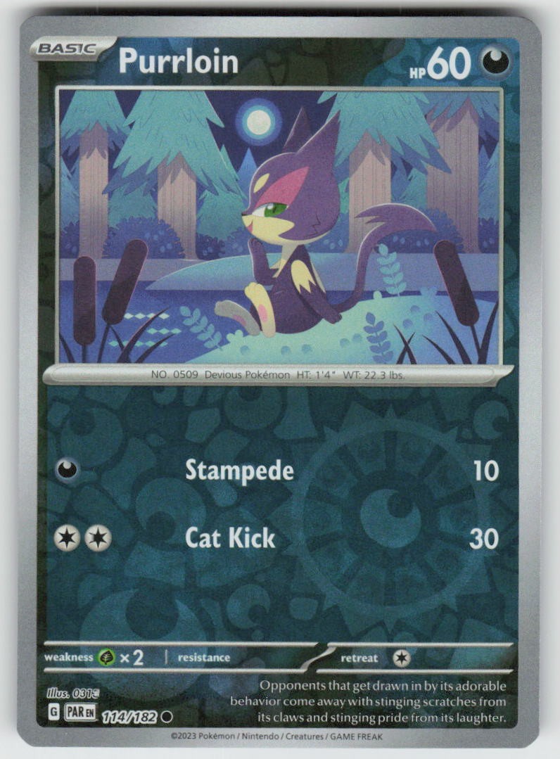 Purrloin 114/182 Common Paradox Rift Pokemon Reverse Holo Near Mint