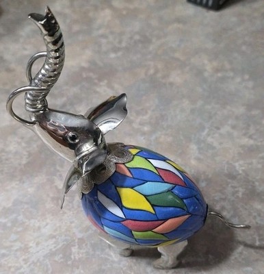 Ecuador Silver Tone / enamel  Elephant with multi color glass like shell