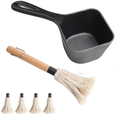 Cast Iron BBQ Sauce Pot and Mop Brush Set,Barbecue Cooking Accessories Heat P...