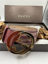 Auth Gucci 114876 Interlocking Belt Pink Canvas Leather, Gold G Buckle NWT 34