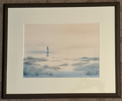 Vtg Watercolor Cape Lookout Lighthouse Coastal Painting by Edwin Voorhees Framed