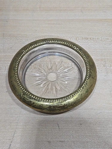 Vintage Sterling Silver?/Brass? Glass Coaster Set Ashtray Starburst Art Deco MCM