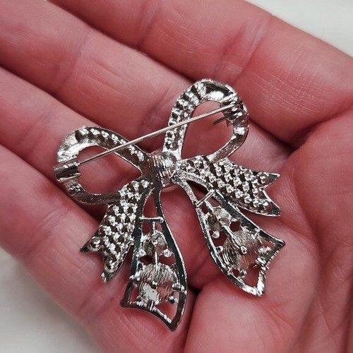 Silberfarbene klare Strass Schleife Brosche Retro Style Anstecknadel Strass funkelnd - Bild 5 von 6