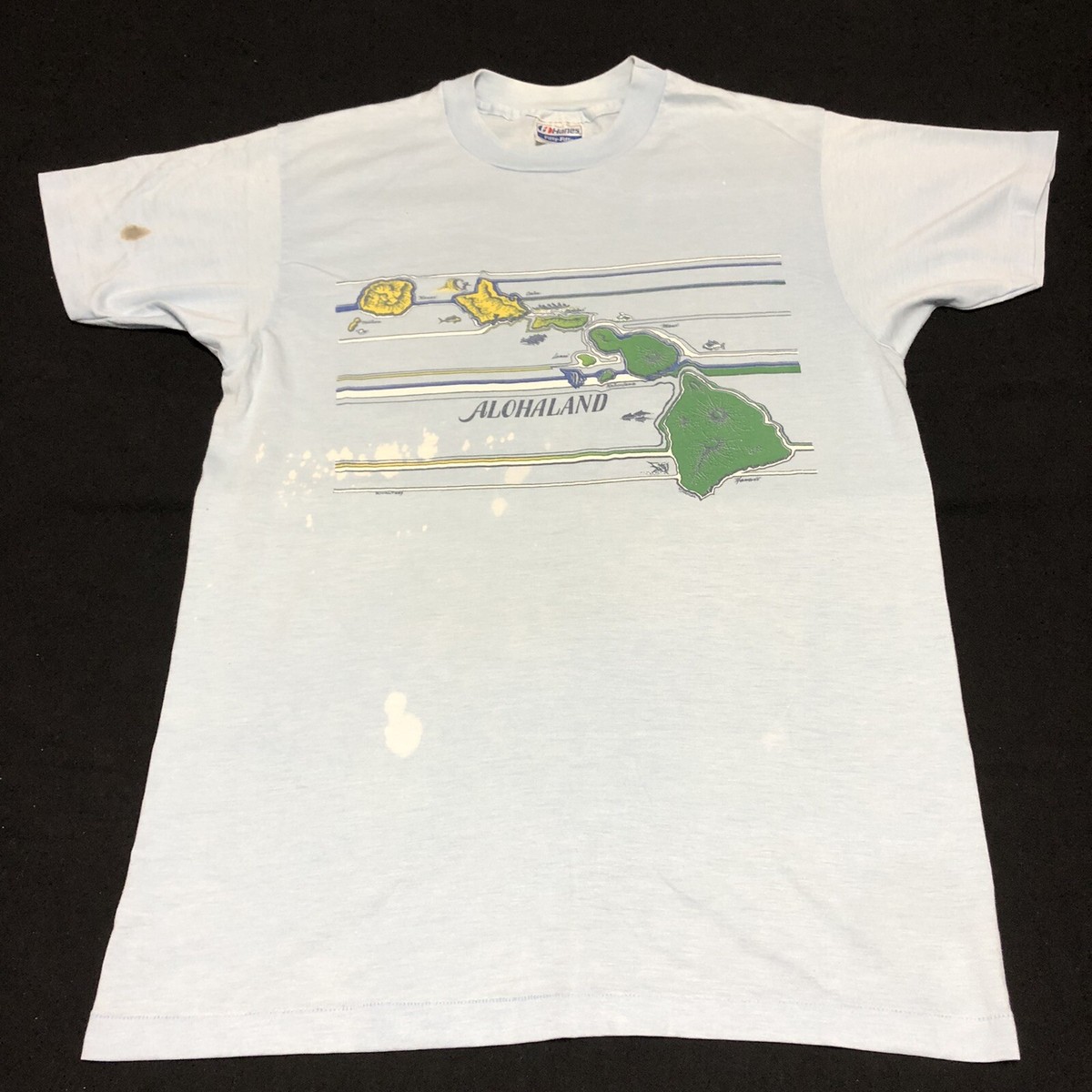 Vintage 80's Hawaii Aloha Land Map Baby Blue T-Shirt Mens Small