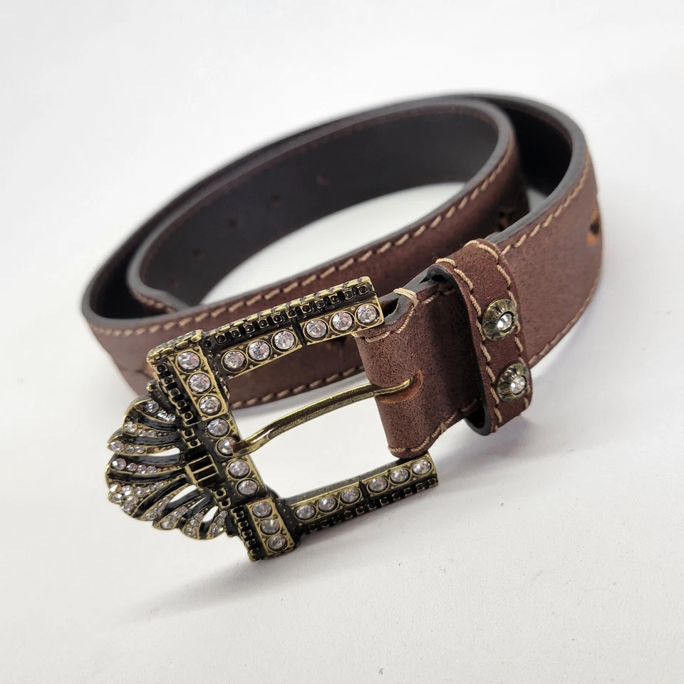 Cinturón de cuero Nanni 34 tachonado estrás hebilla bling guepardo becerro marrón Foto 4 de 4