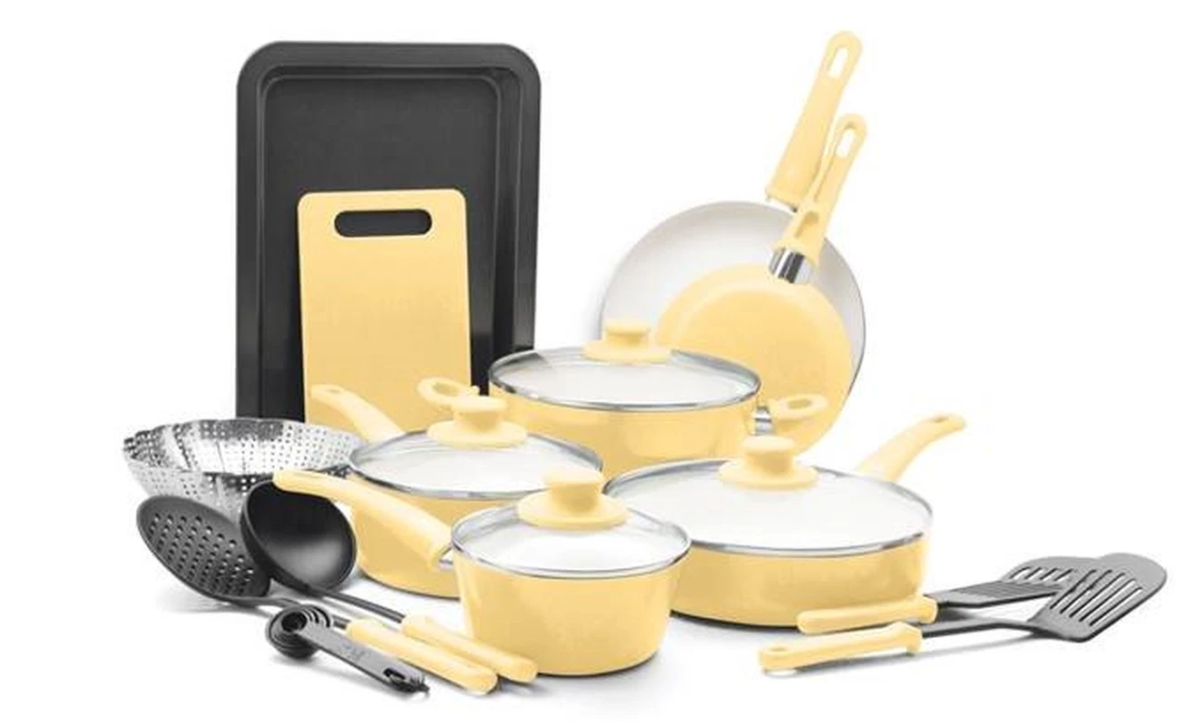 Cookware Set Nonstick 18 Pieces Ceramic Pots Pans Utensils Oven Safe Yellow