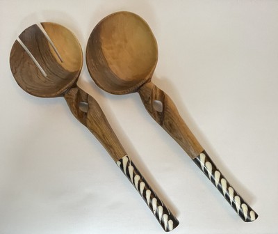Wood Salad Servers Spoon & Fork With Etched Handles Olive Black White Decorative