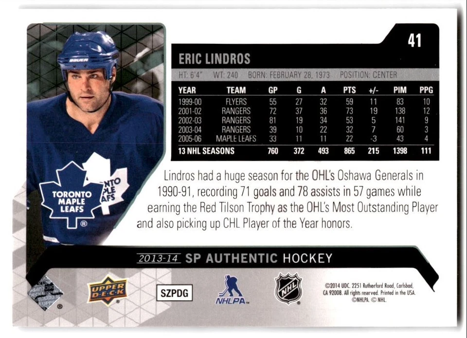 2013-14 SP Authentic Eric Lindros #41 Toronto Maple Leafs - Image 2 of 2