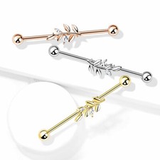 38mm scaffold industrial ear bar with central vine leaf gold, silver, rose gold