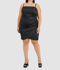Emerald Sundae Womens Black Satin Ruched Square Neck Dress Plus Size 16