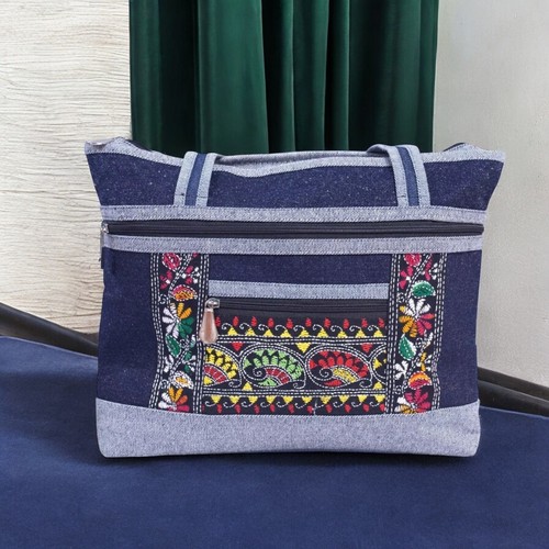 Women's Embroidered Denim Shoulder Bag Stylish Handbag for Shopping Travel - Picture 4 of 10
