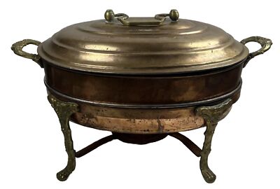 Large Oval Copper & Brass Chafing Dish 3 Pieces Lid, Pan & Stand Footed Server