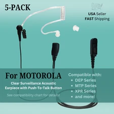 5-PACK FBI Style Acoustic Clear Tube PTT Earpiece for Motorola XPR3000, XPR3500e