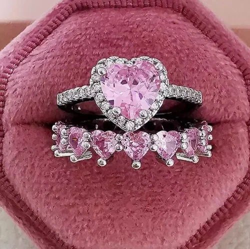 2ct 14K White Gold Plated Heart LabCreated Pink Sapphire Bridal Wedding Ring Set