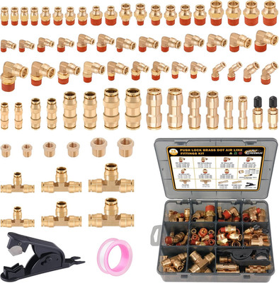 Cheemuii 76 Pcs Brass DOT Air Line Fittings Kit Push Lock Air Fittings Push to C