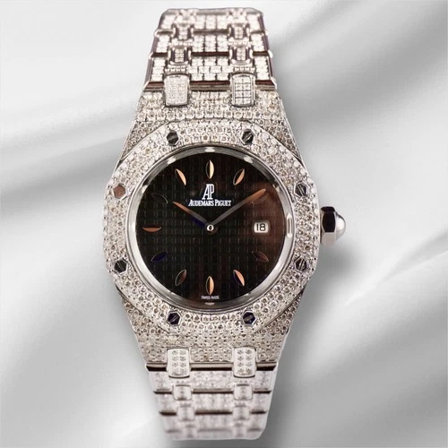 AUDEMARS PIGUET Lady Royal Oak 33mm Iced 13ct Diamonds Black Dial Watch 67620ST