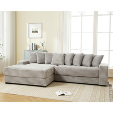 L-Shaped Sectional Sofa Left Chaise, Storage  8 Pillows, Gray Corduroy, Modern