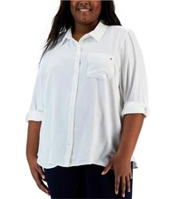 Tommy Hilfiger Womens Roll Tab Sleeve Button Up Shirt