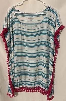 Anna & Ava Kimono Blouse/ Swim Cover Sz One Size Pom Pom Trim Rayon Lightweight 