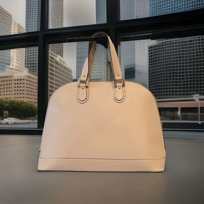 Alberta Di Canio Beige Satchel Top Handle Bag Zip Closure Gold Silver Hardware
